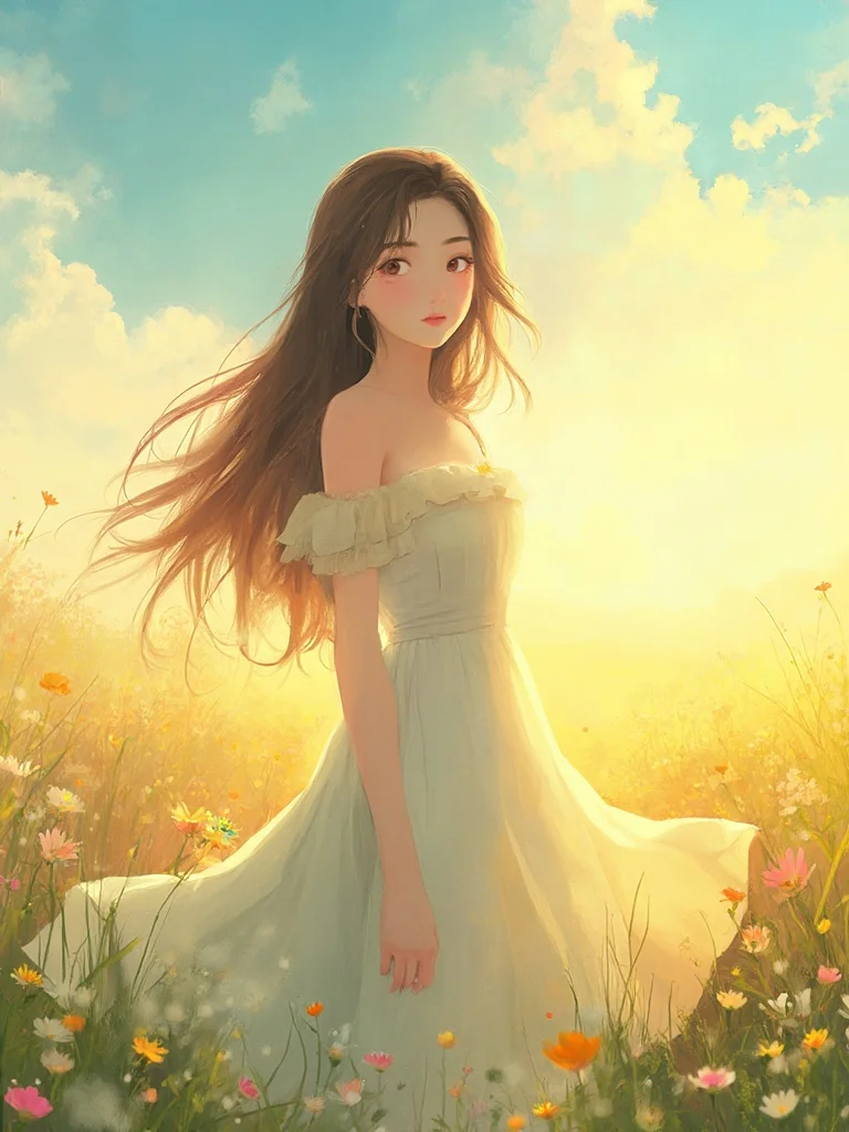 Ghibli style generator - young woman in a sunlit forest clearing