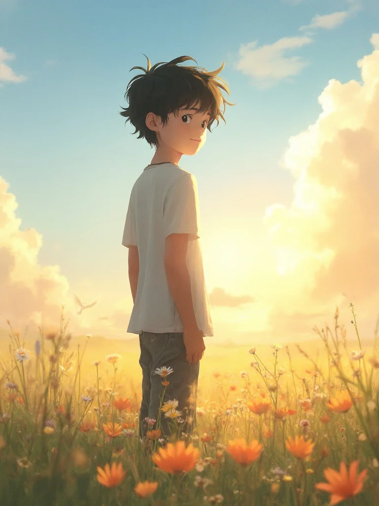 Ghibli maker portrait - man on a countryside hilltop