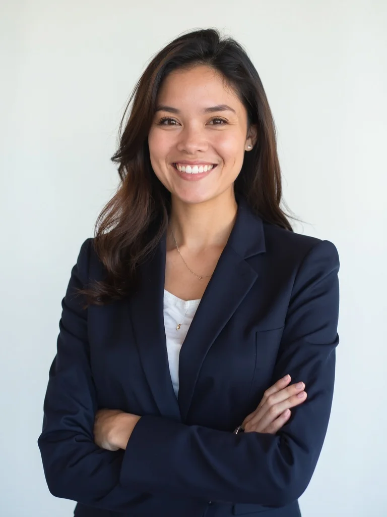 Professional headshot example - white studio background, man in navy suit