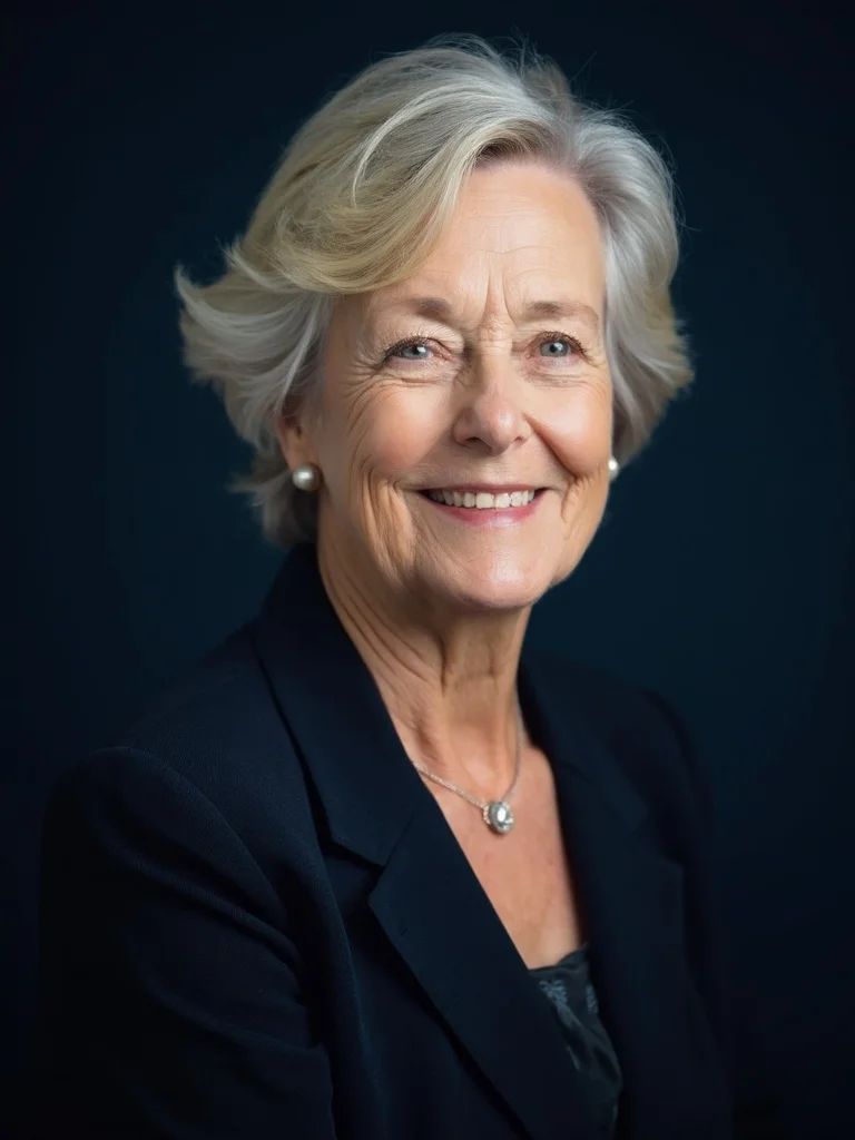 Headshot example - woman smiling, warm neutral background